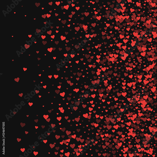 Red hearts confetti. Right gradient on black valentine background. Vector illustration.