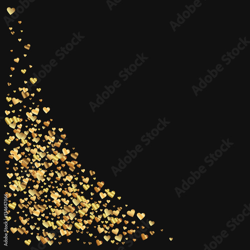 Gold gradient hearts confetti. Bottom left corner on black valentine background. Vector illustration.