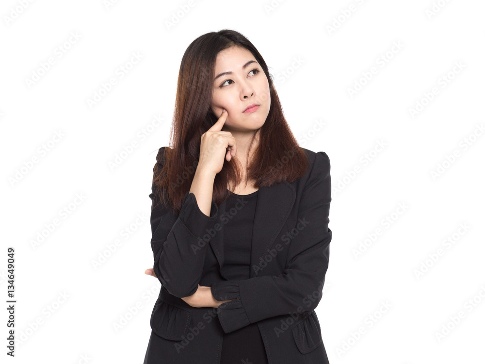 Young business woman making thinking gestures, asian girl isolated on white background Young business woman making thinking gestures, asian girl isolated on white background
