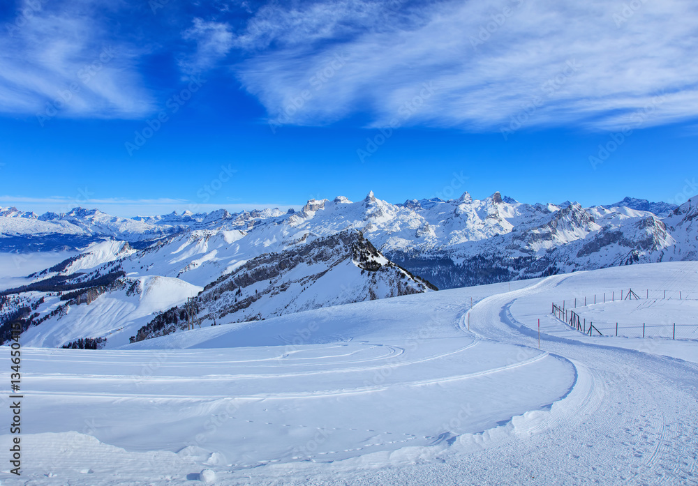 View on Fronalpstock mountain in Switzerland in winter