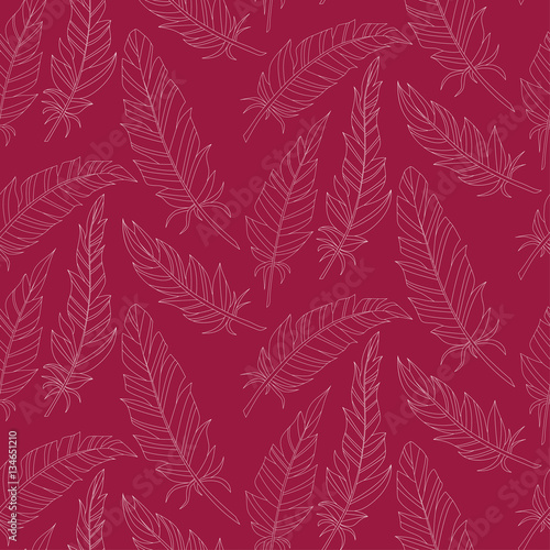 Seamless background vintage carved feathers. Pattern. White feathers on a colored background.