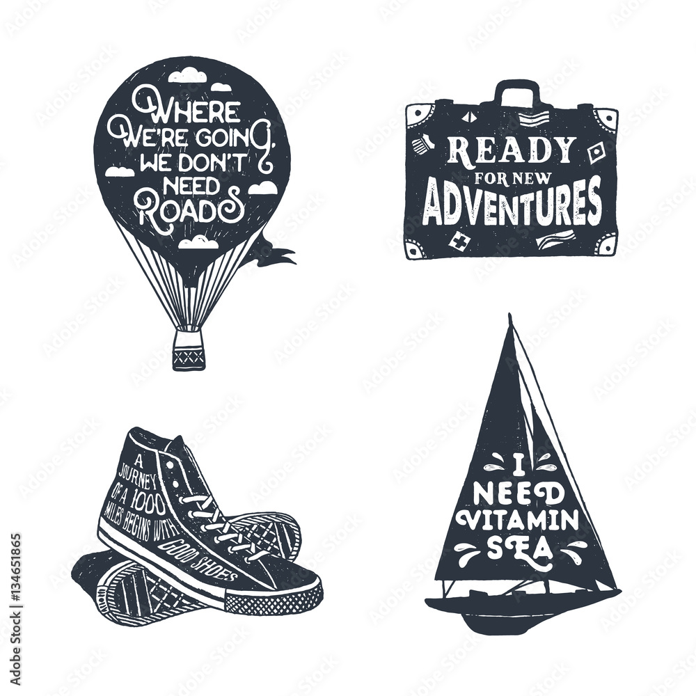 Hand drawn textured vintage labels set with hot air balloon, luggage ...