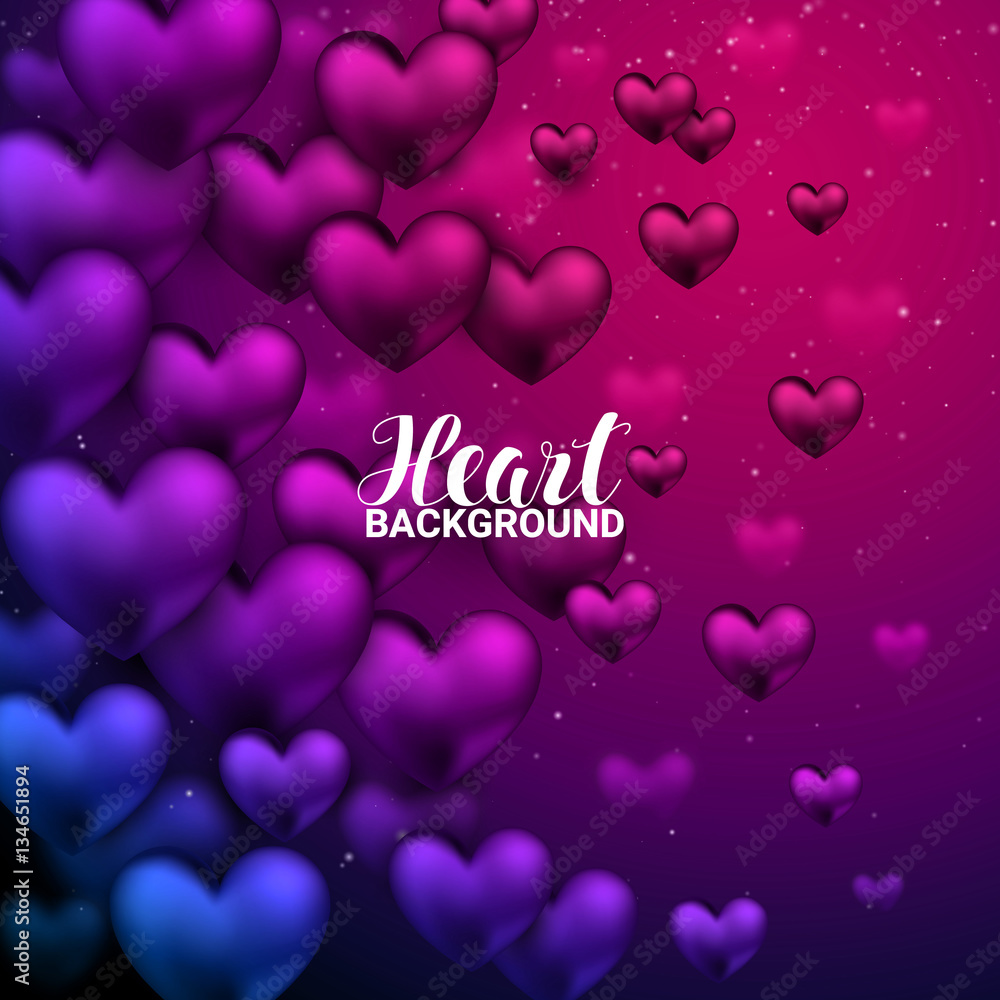 Love romantic 3D Realistic Red Hearts Shining heart bokeh background. Valentine day. Vector illustration