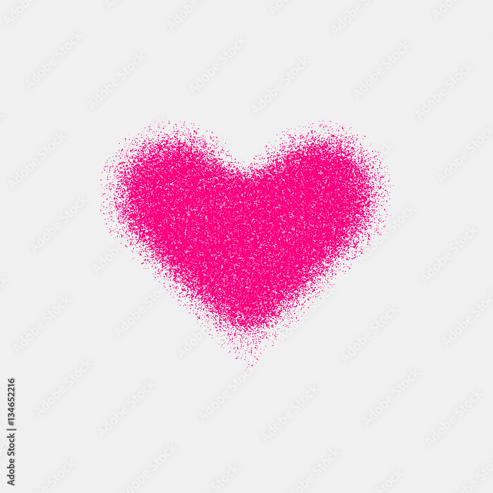 Magenta abstract heart sign badge, Valentines day blank button template with grain, noise, dotwork, halftone, grunge texture for logo, banners, labels, web, prints. 14th february. Vector illustration.