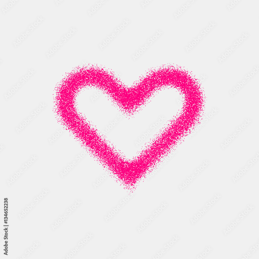 Magenta abstract heart sign badge, Valentines day blank button template with grain, noise, dotwork, halftone, grunge texture for logo, banners, labels, web, prints. 14th february. Vector illustration.