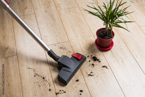 The vacuum cleaner cleans floor house on the laminate