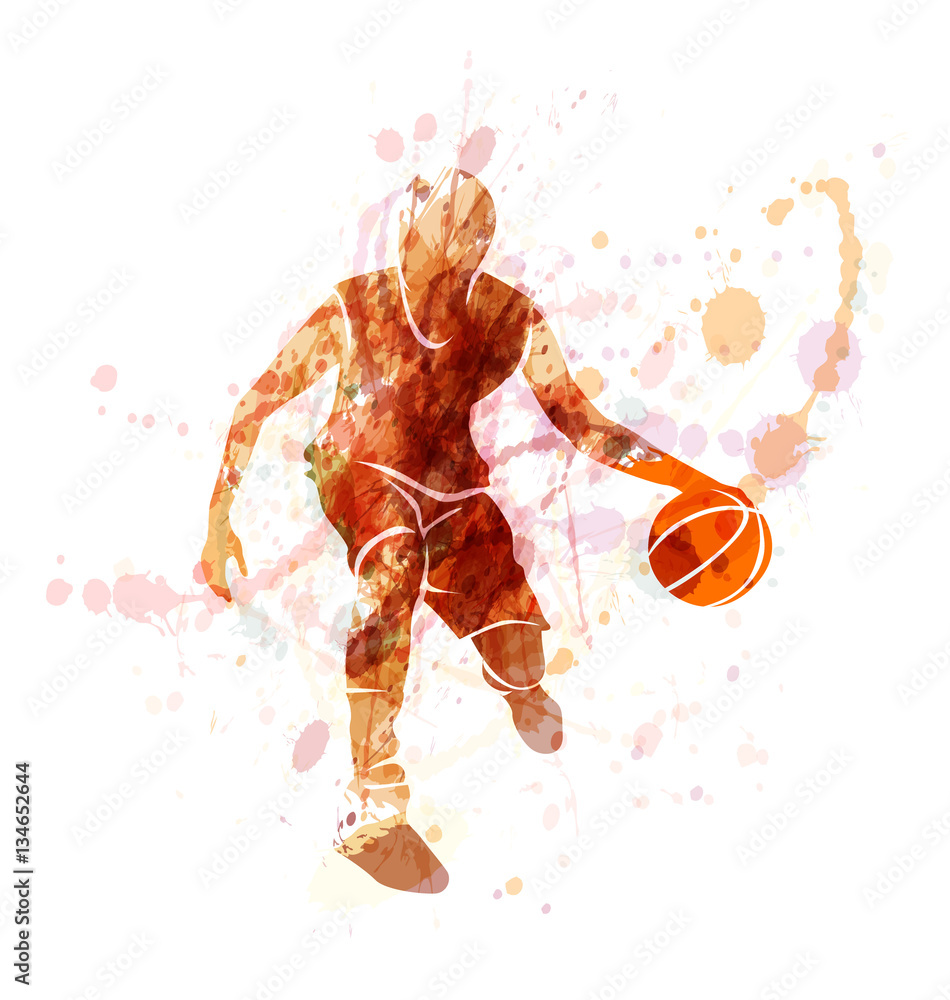 Colored vector silhouette of basketball player with ball