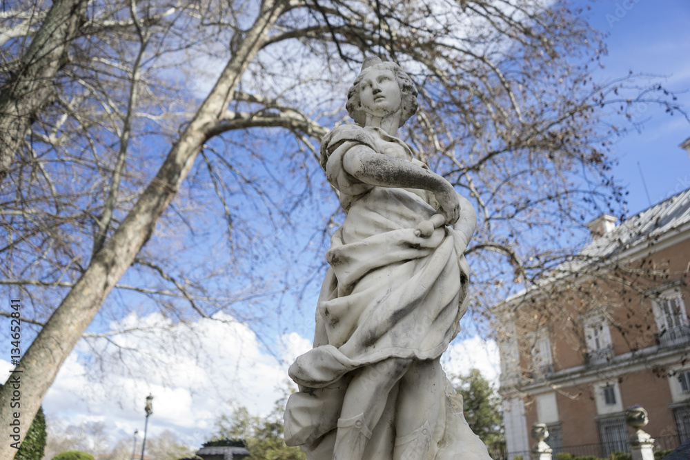 Sculptures of Greek gods in the royal gardens of the palace of a