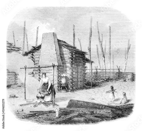Obraz na plátne Hut American pioneers, vintage engraving.