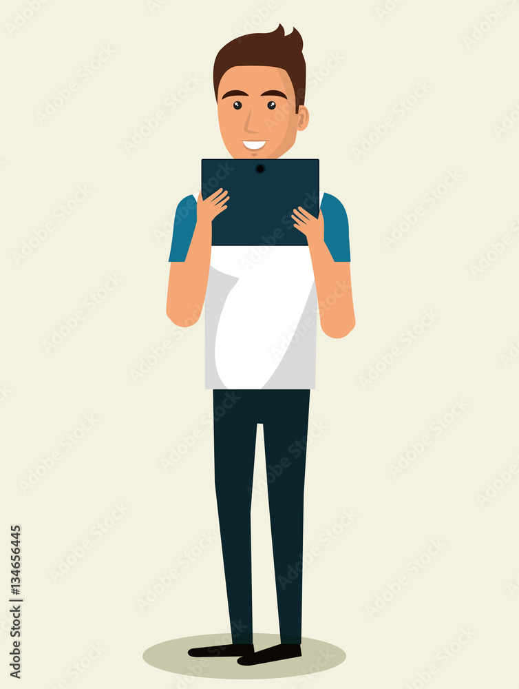 young man using smartphone avatar character vector illustration design