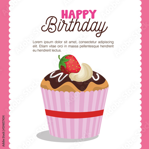 happy birthday party invitation with sweet cupcake vector illustration design