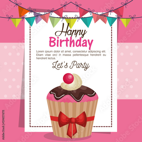happy birthday party invitation with sweet cupcake vector illustration design