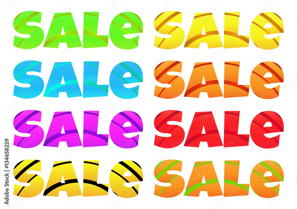 set of vector sale words green blue yellow pink red orange with curved stripes