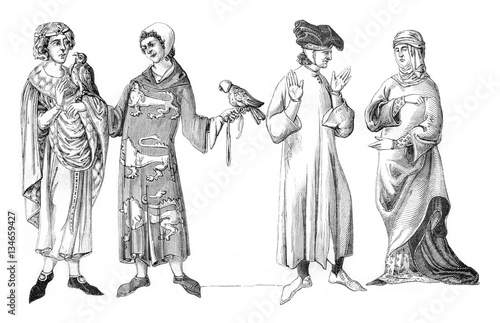 Lords, Bourgeois and Bame widow, vintage engraving.