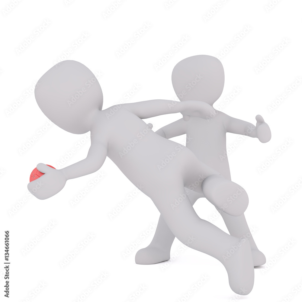 Two 3D figures play sports and compete for a ball Two 3D figures play sports and compete for a ball