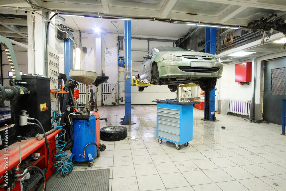 Interior of a car repair station