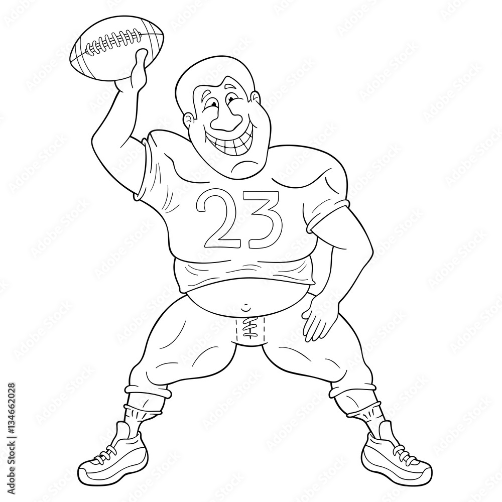 Funny cartoon american football player dancing with a ball. Black and white illustration