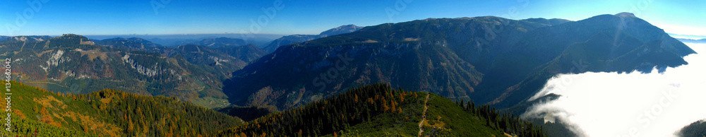 Fototapeta premium Schneealpe Ameisbuehel alpine Panorama of Rax and Sonnleitstein