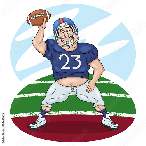 Funny cartoon american football player dancing with a ball in touchdown zone