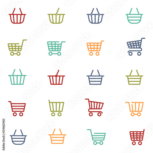 Colorful shopping baskets thin line icons set isolated on white. Vector illustration