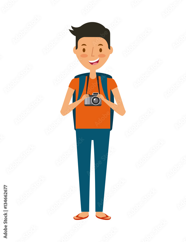 man with a photographic camera cartoon icon over white background. trip and vacations concept. colorful design. vector illustration
