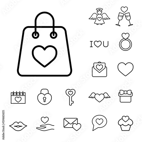 shopping bag with heart line black on white icons set photo