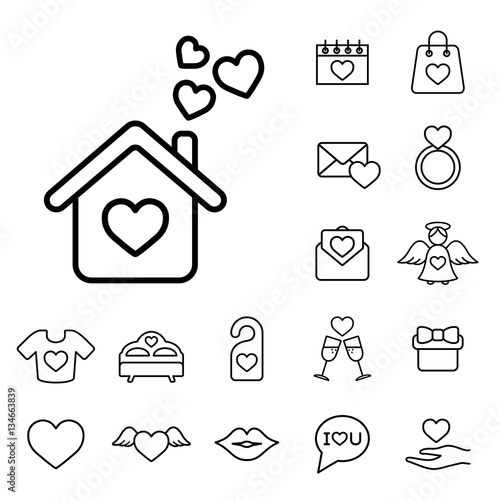 house cosiness couple love line black on white icons set
