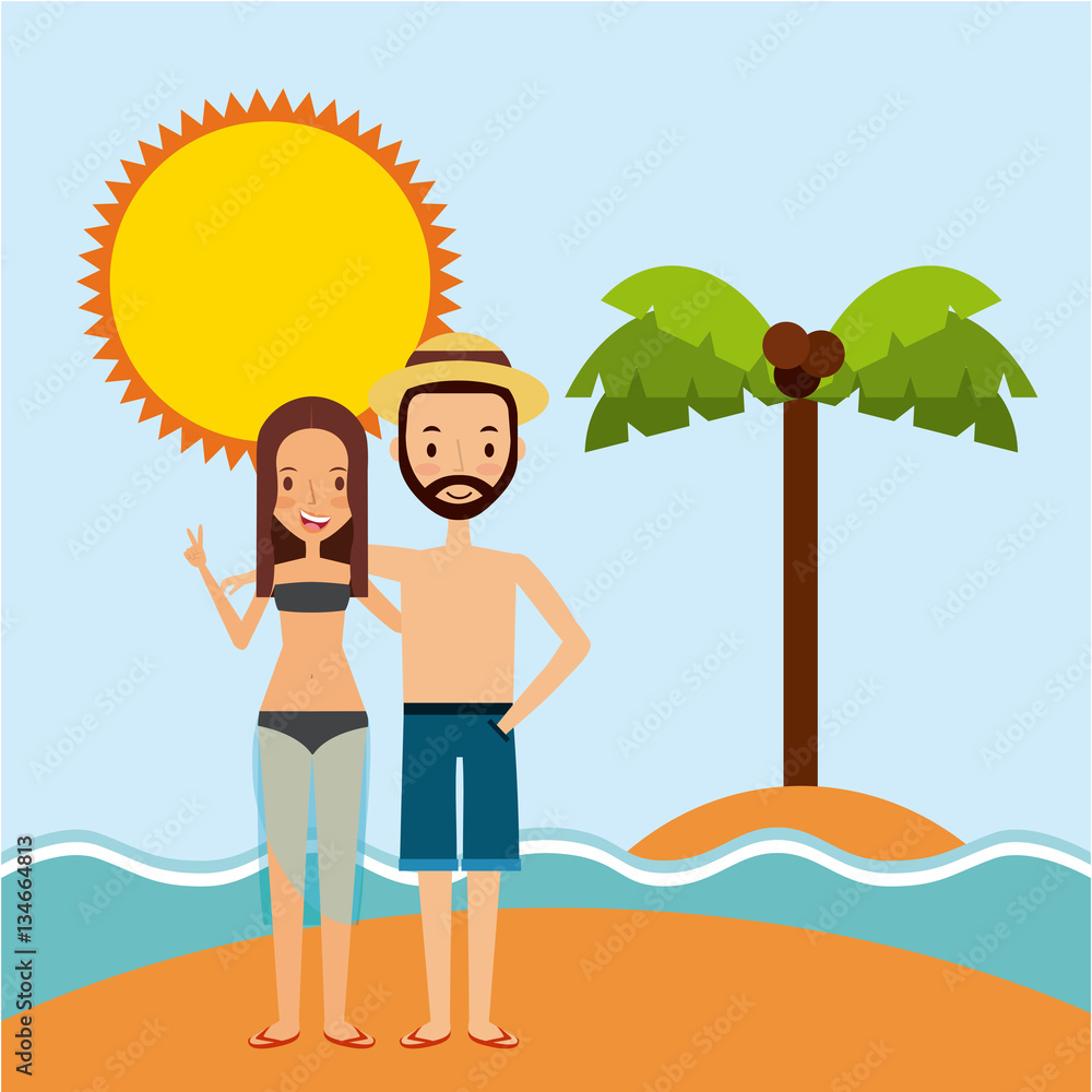 happy couple cartoon icon over beach landscape. trip and vacations concept. colorful design. vector illustration