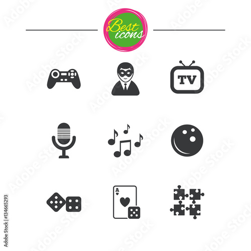 Entertainment icons. Game, bowling and puzzle.