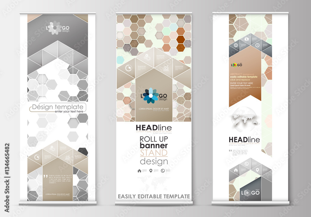 Set of roll up banner stands, flat design templates, geometric style, business concept, corporate vertical vector flyers. Abstract gray color background, modern stylish hexagonal texture.