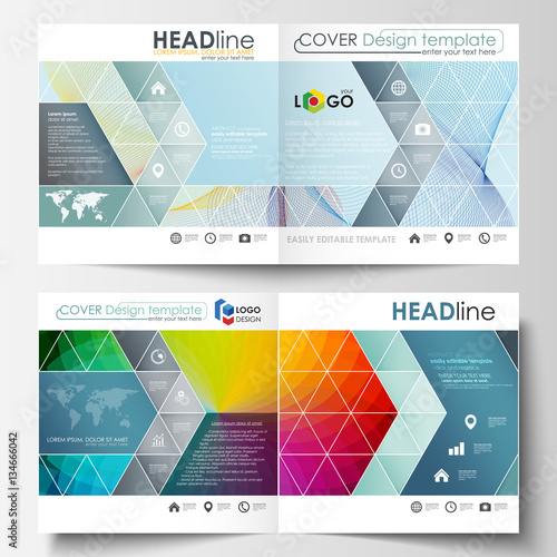 Business templates for square bi fold brochure, magazine, flyer, booklet. Leaflet cover, flat layout, easy editable vector. Colorful design background with abstract shapes and waves, overlap effect.