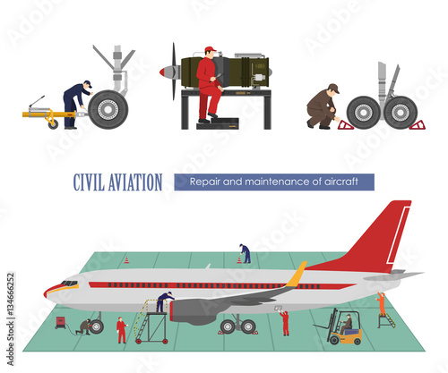 Repair and maintenance of aircraft. Image of workers near the ai