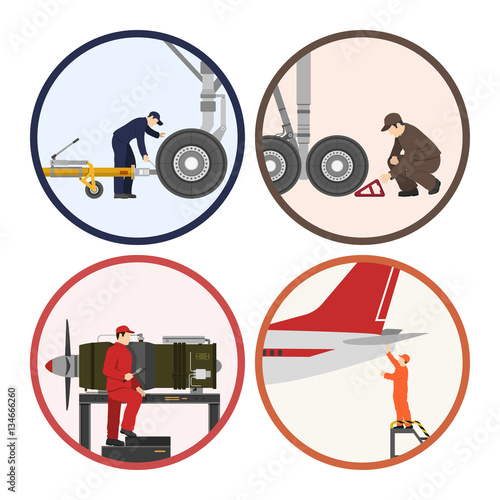 Repair and maintenance of aircraft. Image of workers near the ai