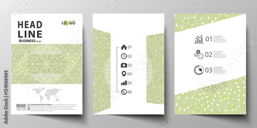Business templates, brochure, flyer, annual report. Cover design template, layout in A4 size. Green color background with leaves. Spa concept in linear style. Vector decoration for beauty industry