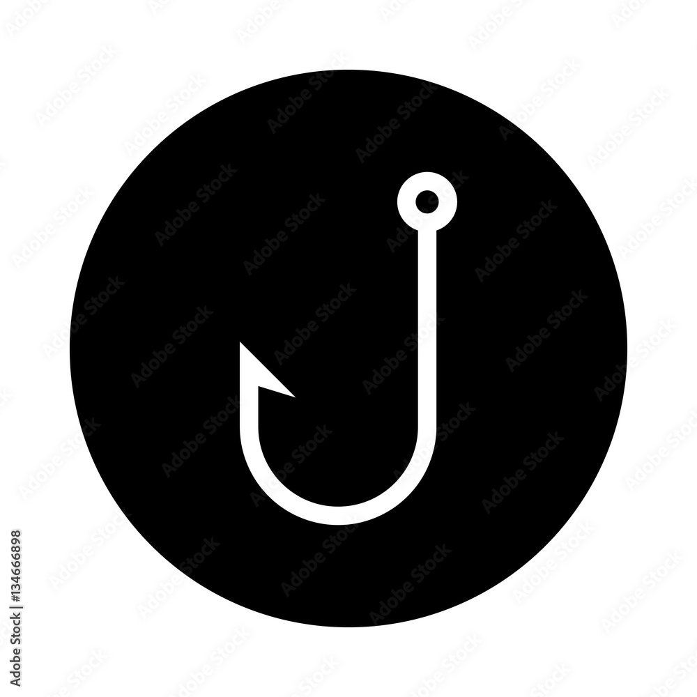 Fish hook icon. Black icon isolated on white background. Round