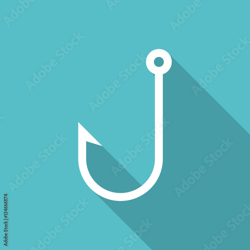 Fish hook icon with long shadow. Flat design style. Fish hook silhouette. Simple icon. Modern flat icon in stylish colors. Web site page and mobile app design vector element.
