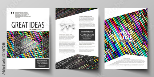 Business templates for brochure, magazine, flyer, booklet. Cover design template, vector layout in A4 size. Colorful background made of stripes. Abstract tubes and dots. Glowing multicolored texture.