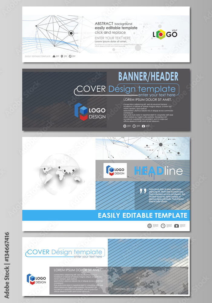 Social media and email headers, modern banners. Business templates. Vector layouts in popular sizes. Blue color abstract infographic background with lines, symbols, charts, diagrams, other elements.