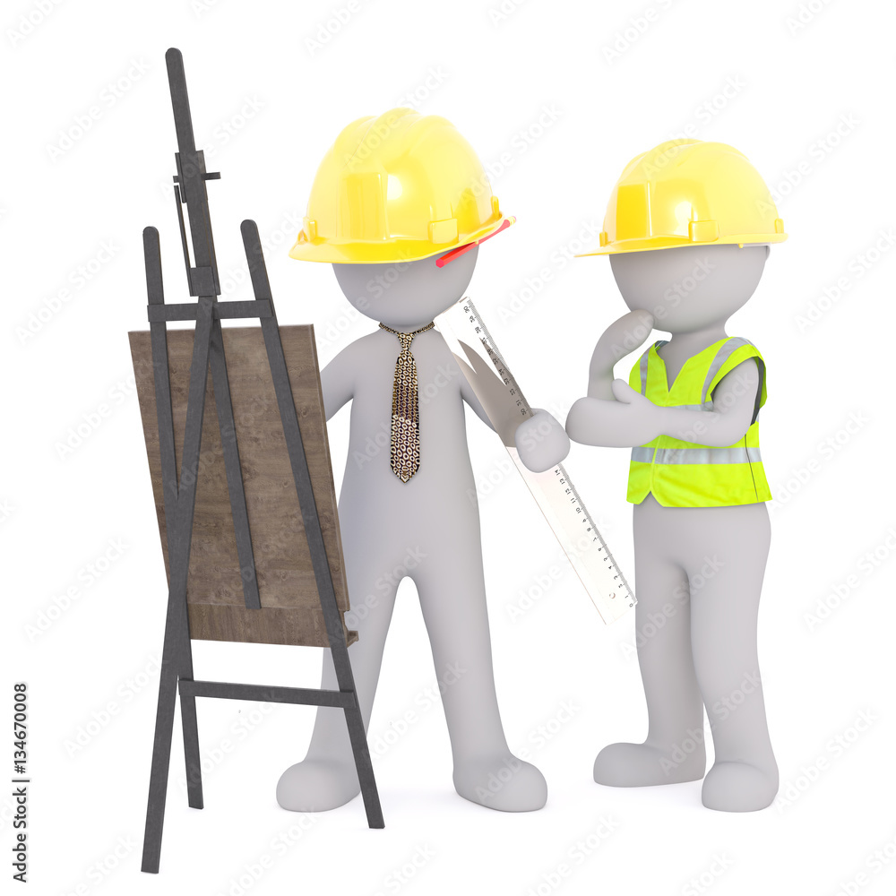 3D rendering of construction workers in hard hats 3D rendering of construction workers in hard hats