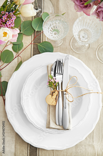 Flower arrangement on table served for wedding dinner