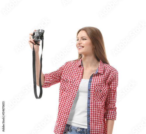 Woman traveler taking pictu...