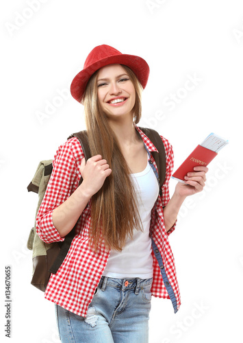 Woman traveler with passpor...