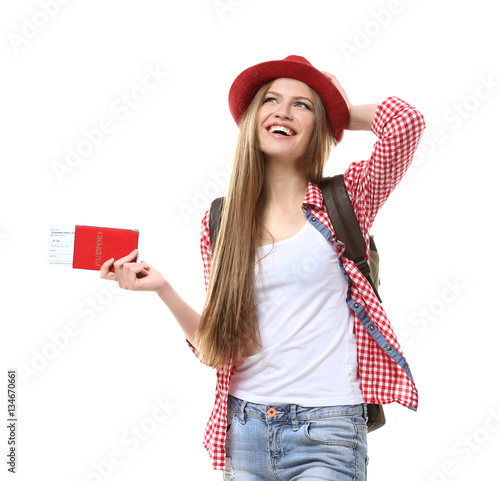 Woman traveler with passpor...