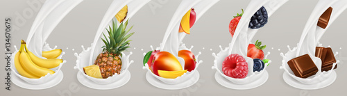 Fruit, berries and yogurt. Realistic illustration. 3d vector icon set 3