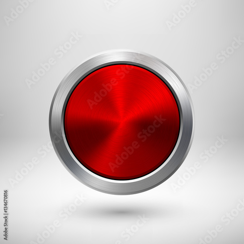 Red technology circle badge, abstract geometric perforated button template with metal texture, chrome, silver, steel, bronze and realistic shadow for logo, design, web, apps. Vector illustration. Free Download Red technology circle badge, abstract geometric perforated button template with metal texture, chrome, silver, steel, bronze and realistic shadow for logo, design, web, apps. Vector illustration. - GFXLoad