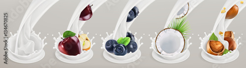 Fruit, berries and yogurt. Realistic illustration. 3d vector icon set 5