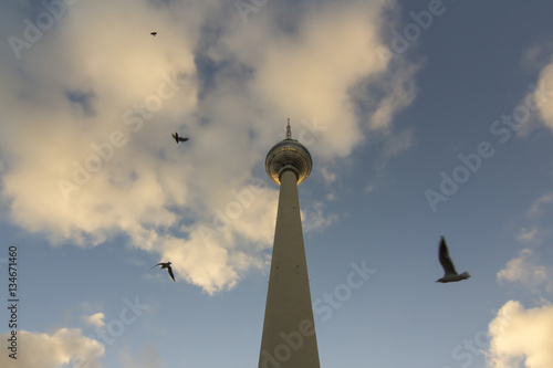 TV Tower or Fernsehturm with birds at sunset, Berlin, Germany photo