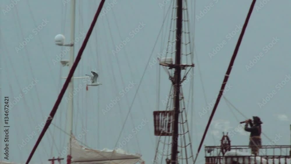 Beautiful flight of a single white seagull over the seashore, yachts, boats to the open skyline. Darken mountains on the background. Beautiful nature. Summertime evening. Beautiful flight of a single white seagull over the seashore, yachts, boats to the open skyline. Darken mountains on the background. Beautiful nature. Summertime evening.