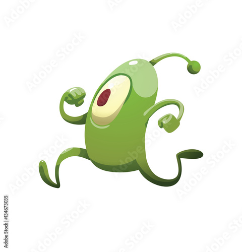 Vector cartoon image of funny green microbe with one big eye, with an antenna, with arms and legs, running somewhere on a white background. Positive character. Creature. Vector illustration.