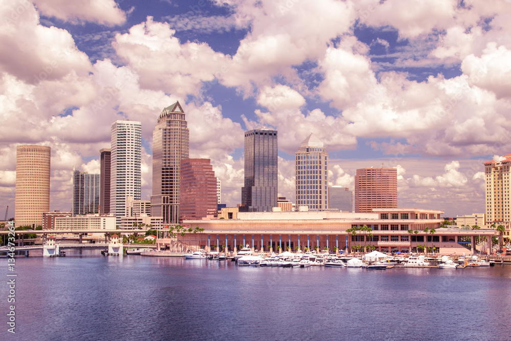 Colorful Tampa Florida skyline and bay